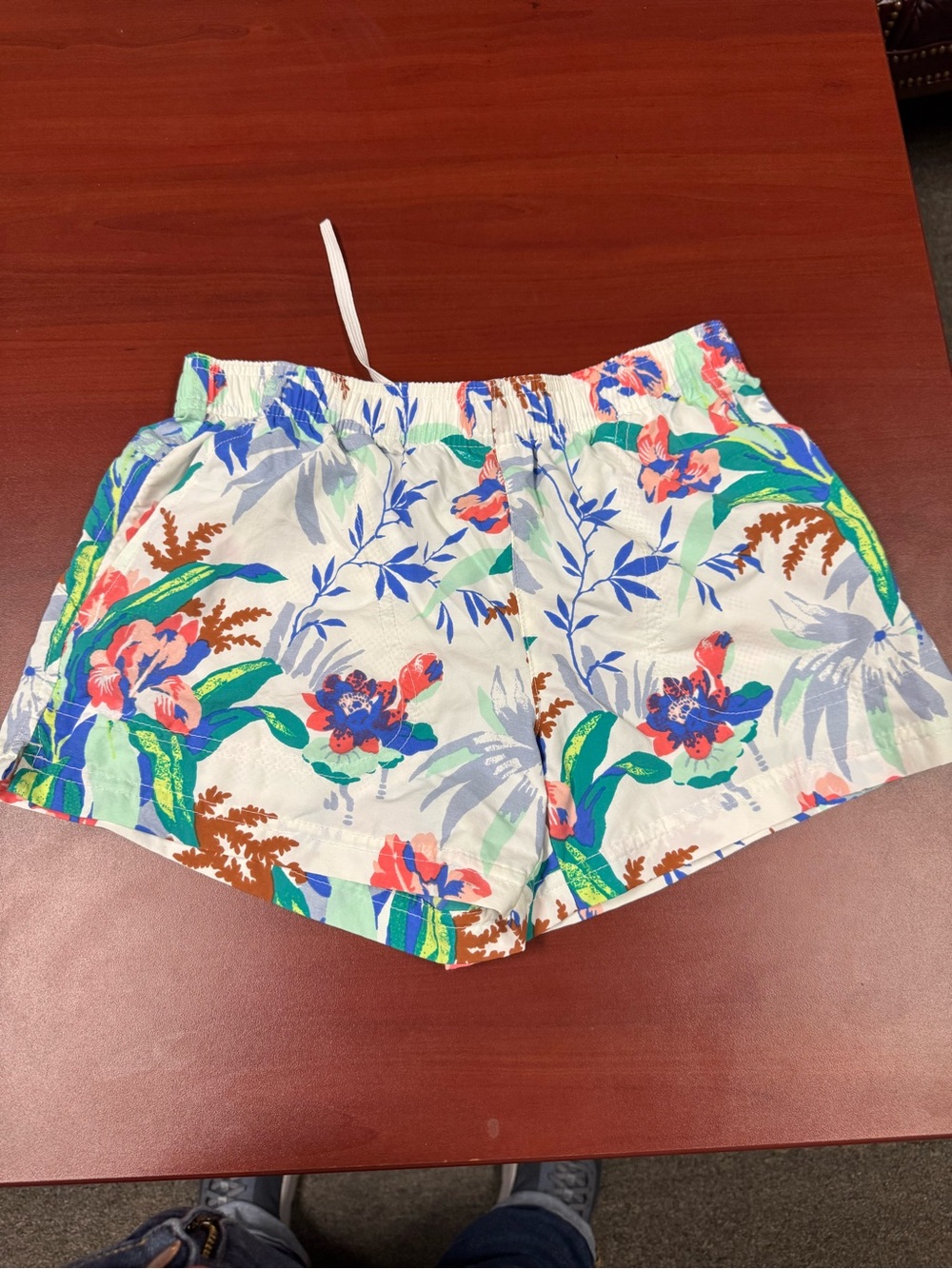 White Floral Athletic Shorts with Blue, Green & Coral Print
